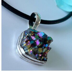 925 sterling silver Titanium Rainbow Aura Druzy Necklace Gemstone Jewelry 1.5